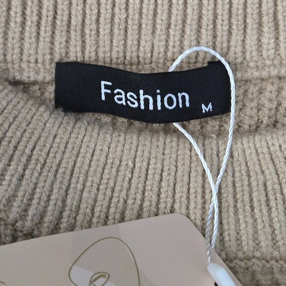 NWT | Tan Camel Waffle Knit Crewneck Sweater Pullover Long Sleeve Side Slit | Me - Picture 4 of 6